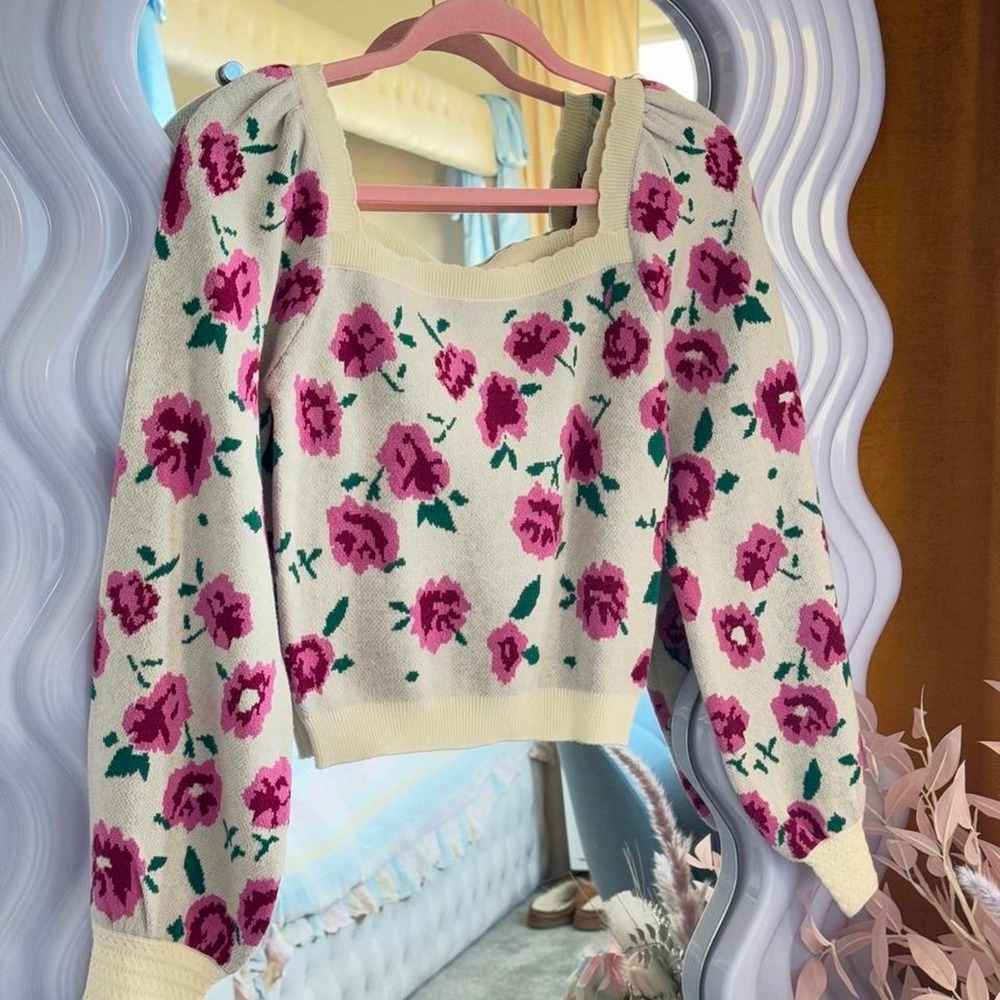 Willow and Wind Floral Pink White Knit Crop Sweater Square Neck Puff Sleeve S